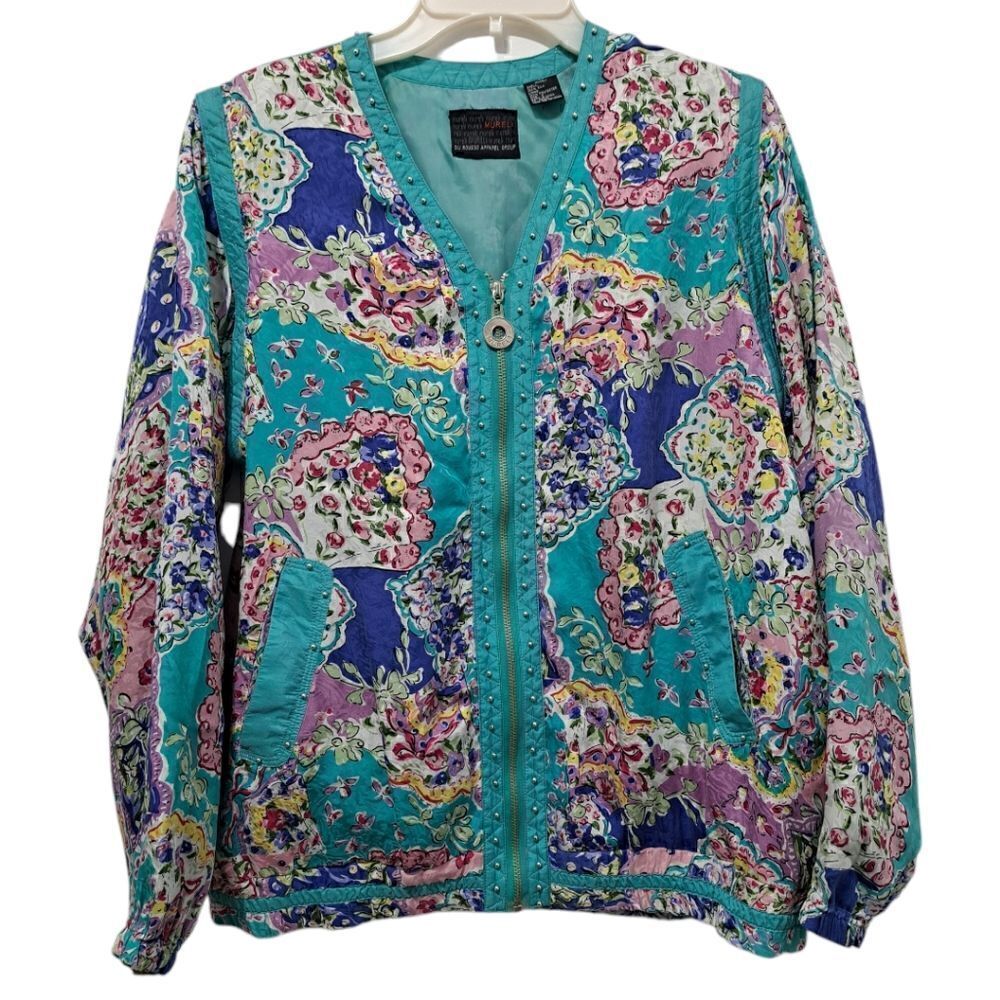 Vintage Mureli Floral Print Silk Studded Zip-Up Oversized Lightweight Jacket Sm